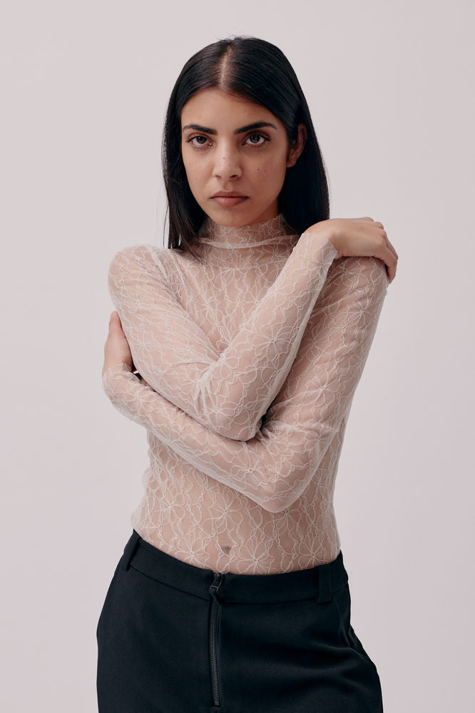 Turtleneck Lace Top (Oyster) by Hofmann