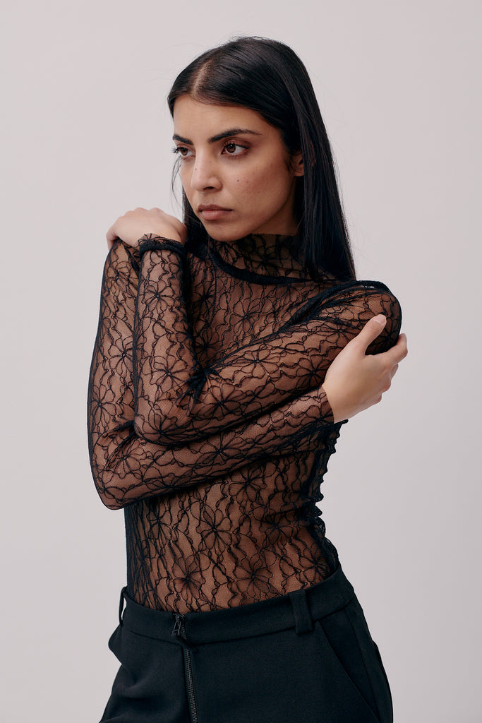 Turtleneck Lace Top (Black) by Hofmann