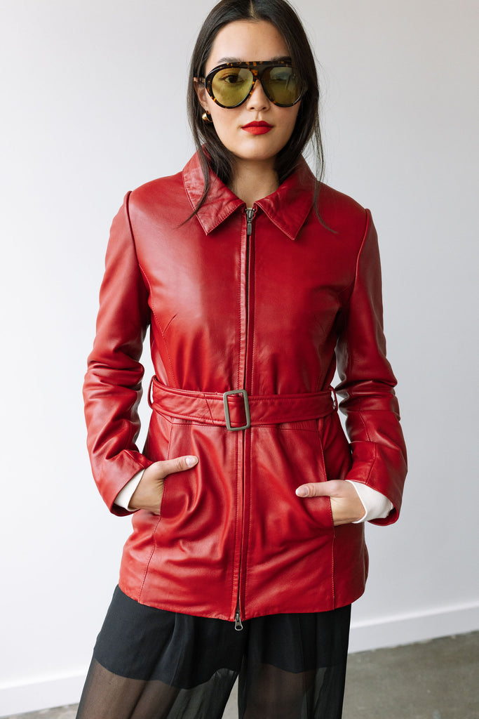 Yo Vintage Red Zipper Leather Jacket (S) by Yo Vintage