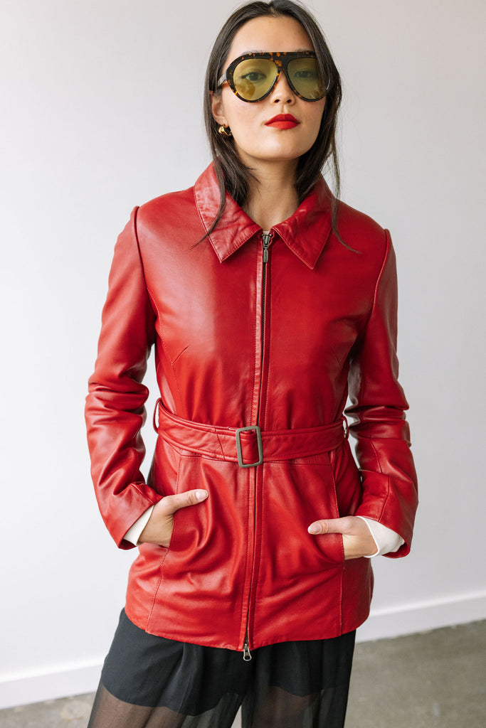 Yo Vintage Red Zipper Leather Jacket (S) by Yo Vintage