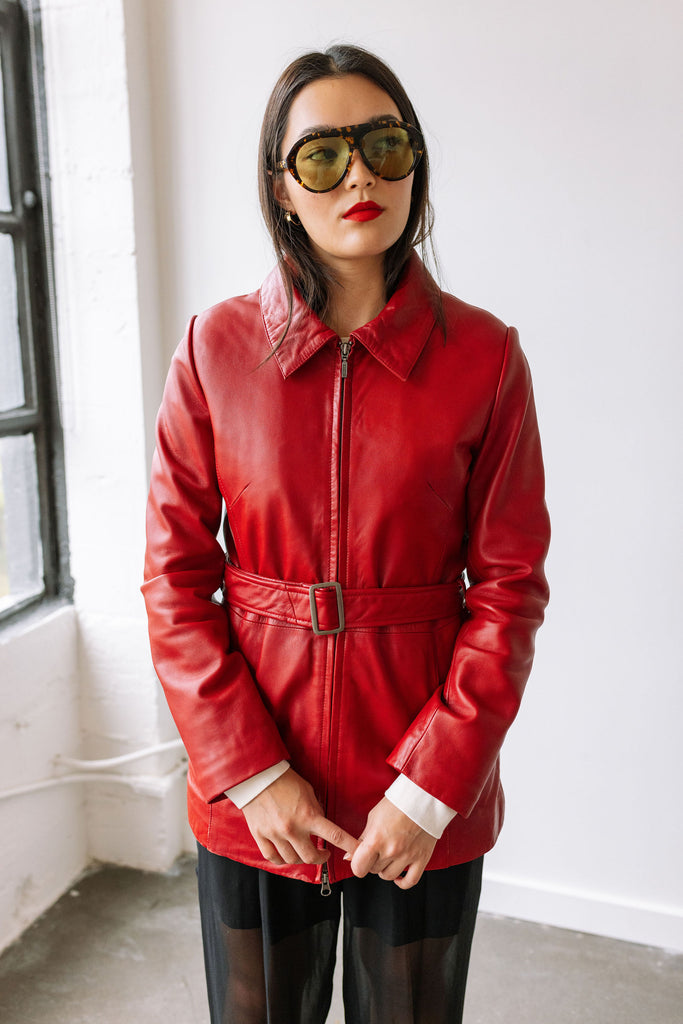 Yo Vintage Red Zipper Leather Jacket (S) by Yo Vintage