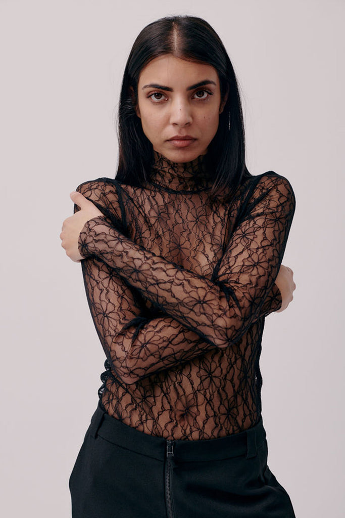 Turtleneck Lace Top (Black) by Hofmann