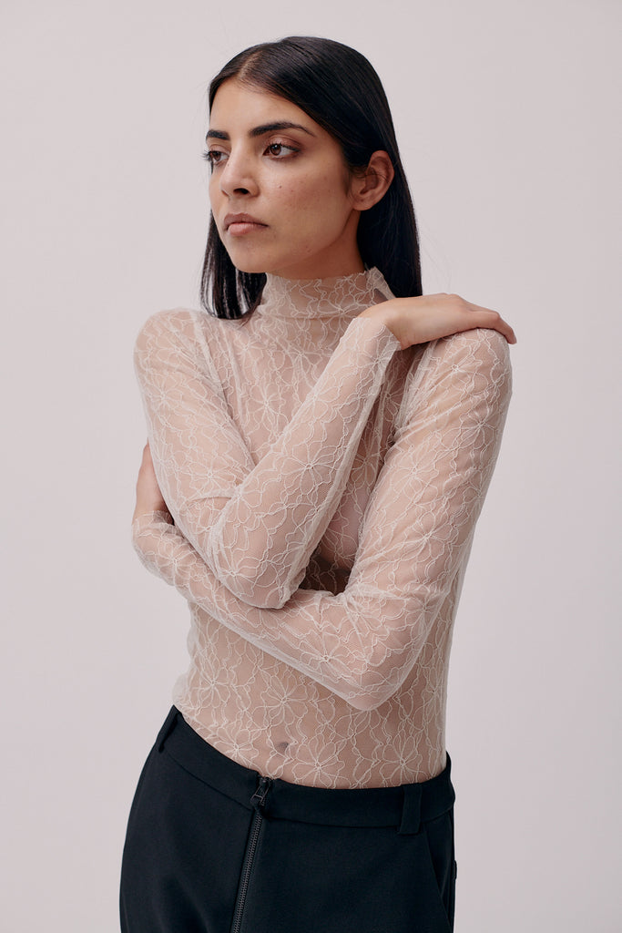 Turtleneck Lace Top (Oyster) by Hofmann